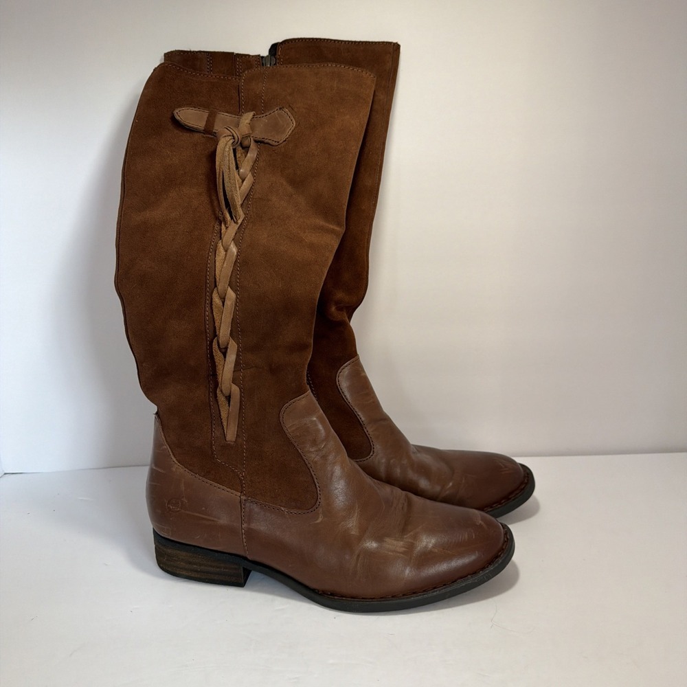 Born Cook Riding Boots 8.5 Brown Suede And Leather Braids Tassels